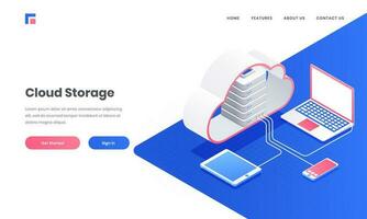 3D cloud server connected with laptop, smartphone and tablet on abstract background for Cloud Storage website poster or landing page design. vector