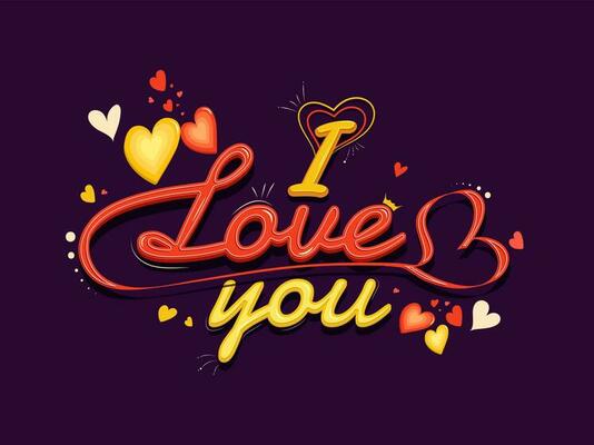 I Love You Font Decorated with Hearts on Purple Background.