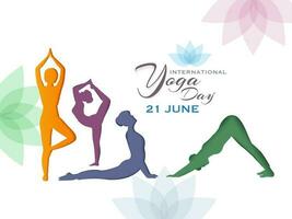 vistoso silueta de mujer en diferente yoga actitud para internacional yoga día celebracion 21 junio encabezamiento o bandera diseño. vector