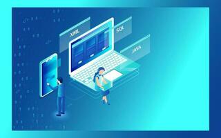 Isometric illustration of analyst or developer searching the problem in laptop and smartphone with different programming language sign for Web development concept. vector