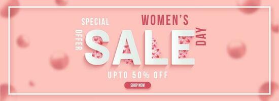 Women's Day Sale header or banner design with discount offer on blurred pink background. vector