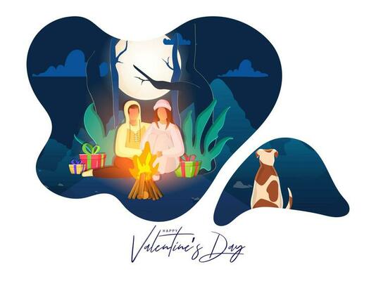 Young Couple Character Sitting in Front of Bonfire with Dog and Gift Boxes on Paper Cut Full Moon Forest Abstract Background for Happy Valentine's Day.