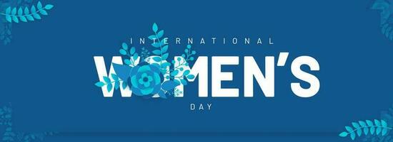 tipografía de internacional De las mujeres día con papel cortar flor y hojas decorado en azul antecedentes. encabezamiento o bandera diseño. vector