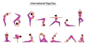 Female yoga asana in different pose for International Yoga Day concept. vector