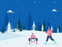 Faceless men character enjoying snow with tree decorated on blue and white background. vector