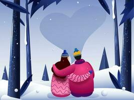 Back view of loving couple character sitting on snow nature view background. Can be used as banner or poster design. vector