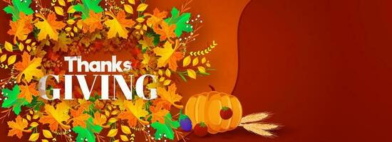 Website banner design with illustration of pumpkin, grains and bunch of maple leaves with paper text Thanksgiving on brown background. vector