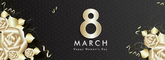 Golden rose flowers decorated header or banner design for 8 march Women's Day celebration concept. vector