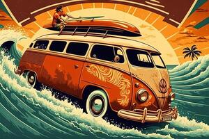 Hawai retro estilo Arte póster fiesta surf y navegar ilustración generativo ai foto