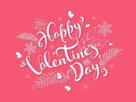 blanco caligrafía contento San Valentín día texto decorado con flores, hojas y corazones en rosado antecedentes. vector