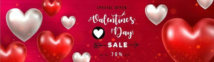 Glossy realistic heart shapes decorated background with discount offer for Valentine's Day header or banner design. vector