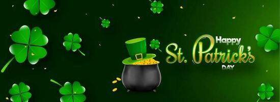 St. Patrick's Day celebration header or banner design, illustration of traditional coin pot with leprechaun hat on clover leaves decorated background. vector
