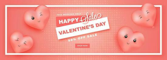 Happy Valentine's Day sale header design, illustration of cute heart balloons with expressions and discount offer on pink halftone background. vector