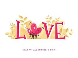 Pink Love Text with Cartoon Hearts Couple Hugging on Leaves White Background for Happy Valentine's Day. vector