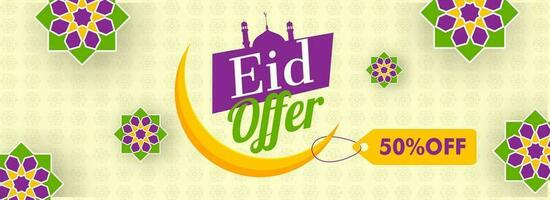 Eid Sale header or banner design with discount offer and crescent moon on islamic pattern background. vector