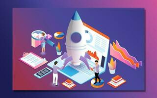 Business analysts analysis the data of company growth or successful project launching a rocket for Data management or startup concept based isometric design. vector