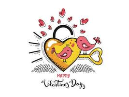 Flat Style Loving Birds Couple with Heart Lock and Key on White Background for Happy Valentine's Day Celebration Concept. vector