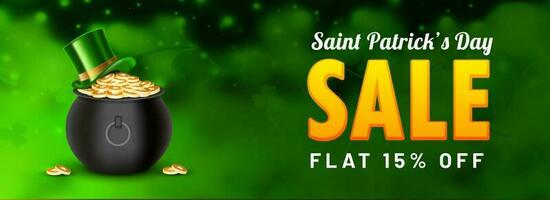 St. Patrick's Day Sale header or banner design with discount offer, coins pot and leprechaun hat illustration on green blurred background. vector