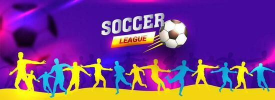 Website header or banner design with realistic shiny football and shielloute of players on abstract background for Soccer League game concept. vector