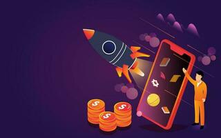 3D isometric illustration of rocket launching from smartphone and coin stack for Business Startup concept. vector