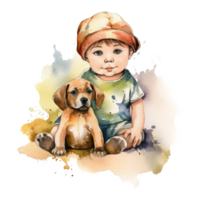 vattenfärg söt bebis pojke och hund sublimering png design, generativ ai
