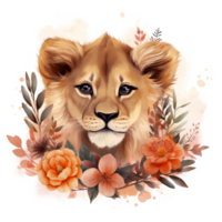 Lion Cub Floral Watercolor Art, png