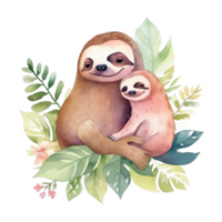 Sloth Mom and Baby Watercolor Art, png