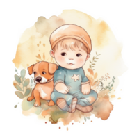 Aquarell süß Baby Junge und Hund Sublimation png Design, generativ ai