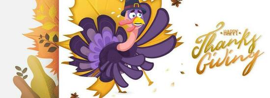 Happy Thanksgiving header or banner design with illustration of crying turkey bird and autumn leaves decorated on white background. vector