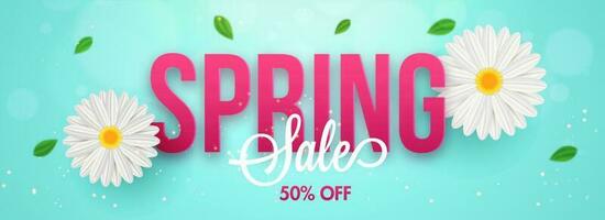 Typography of spring with daisy flowers and discount offer. Sale header or banner design for advertising concept. vector