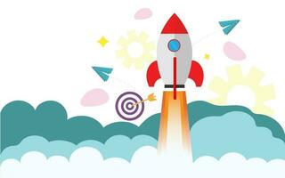 Flat style illustration of launching a rocket from clouds for Business Startup concept. Can be used as banner or poster design. vector