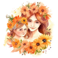 Happy Mom and Daughter Flower Watercolor Art, png