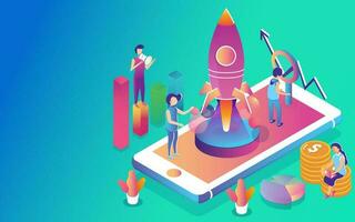 Business people working together to launch a new project from smartphone for Startup or Money investment Concept based isometric design. vector