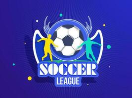 fútbol liga partido encabezamiento o bandera diseño con ilustración de futbolista en jugando actitud en resumen azul antecedentes. vector