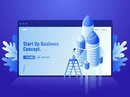 Advertising blue website poster or landing page design, 3d illustration of human standing on ladder with rocket for Start Up Business concept. vector