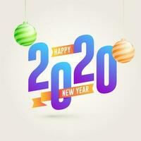 2020, Happy New Year text with hanging baubles on white background can be used as greeting card design. vector