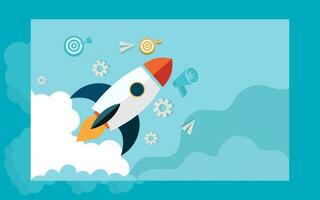 Illustration of launching a rocket on blue background for Business startup concept based design. vector