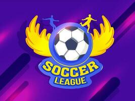 banner or poster design with illustration of Soccer ball covered with flying wings on shiny futuristic technology background for Soccer League concept. vector