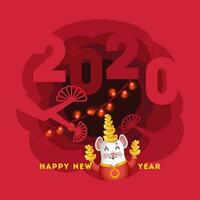 Paper cut style poster or greeting card design with 2020 text, cartoon character rat holding ingot on the occasion of Happy New Year. vector