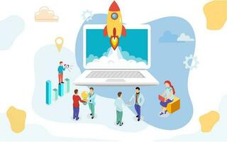 Business people working together company growth or successful rocket launch from laptop on abstract background for Startup or Teamwork concept based design. vector