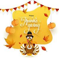 Happy Thanksgiving greeting card design decorated with hanging pumpkins, autumn leaves and turkey bird wearing pilgrim hat on abstract background. vector