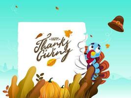 Happy Thanksgiving message card design with turkey, pumpkin and autumn leaves on blue background for celebration concept. vector