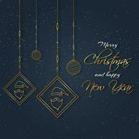 Merry Christmas and Happy New Year celebration greeting card design decorated with hanging santa face frame and baubles on blue background. vector