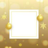 Greeting card design with hanging baubles and stars decorated on golden bokeh background with space for your text. vector