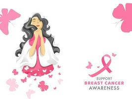 Beautiful woman praying hands folded with butterflies decorated on white background for support breast cancer awareness concept. vector