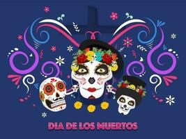 Illustration of sugar skulls or calaveras on blue floral pattern background for Dia De Muertos banner or poster design. vector