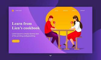 Learn from lien's cookbook concept based landing page design with young boy and girl drinking coffee at the restaurant table. vector