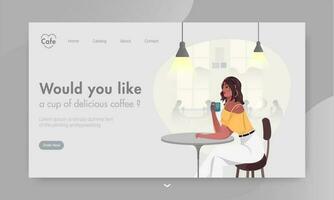 Web banner or landing page design with modern girl drinking coffee at restaurant table. vector