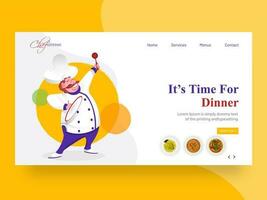 web bandera o aterrizaje página diseño con contento cocinero personaje y dado mensaje como es hora para cena. vector