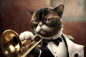 Cat as Louis Armstrong trumpet player musician famous historical character portrait illustration photo